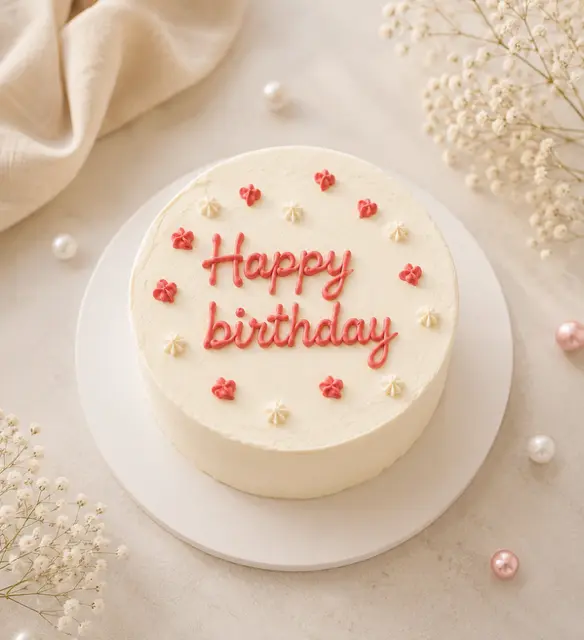 Bento cake crème décoré de petites fleurs roses et blanches avec un message Happy birthday rose