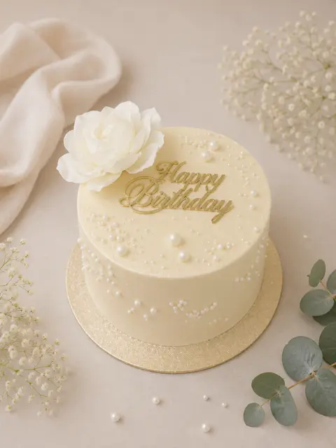 Bento cake ivoire décoré d’une fleur blanche, de perles nacrées et d’un message Happy Birthday doré