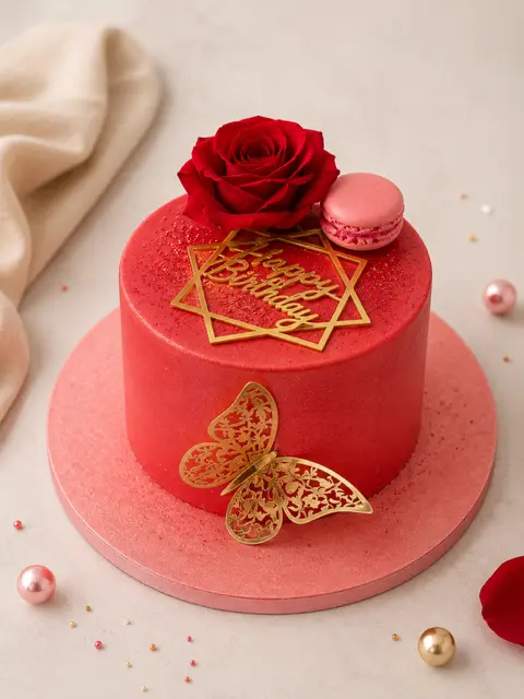 Bento cake rouge décoré d’une rose, d’un macaron rose, de papillons dorés et d’un message Happy Birthday