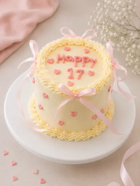 Bento cake ivoire pour un dix-septième anniversaire, décoré de rubans roses, de petits cœurs et d’un message Happy 17