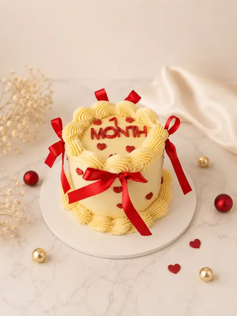 Bento cake crème décoré de rubans rouges, de petits cœurs et d’un message d’anniversaire rouge