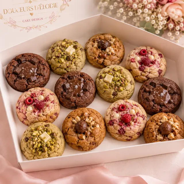 Boîte de cookies artisanaux assortis au chocolat, à la pistache, à la framboise et aux noisettes