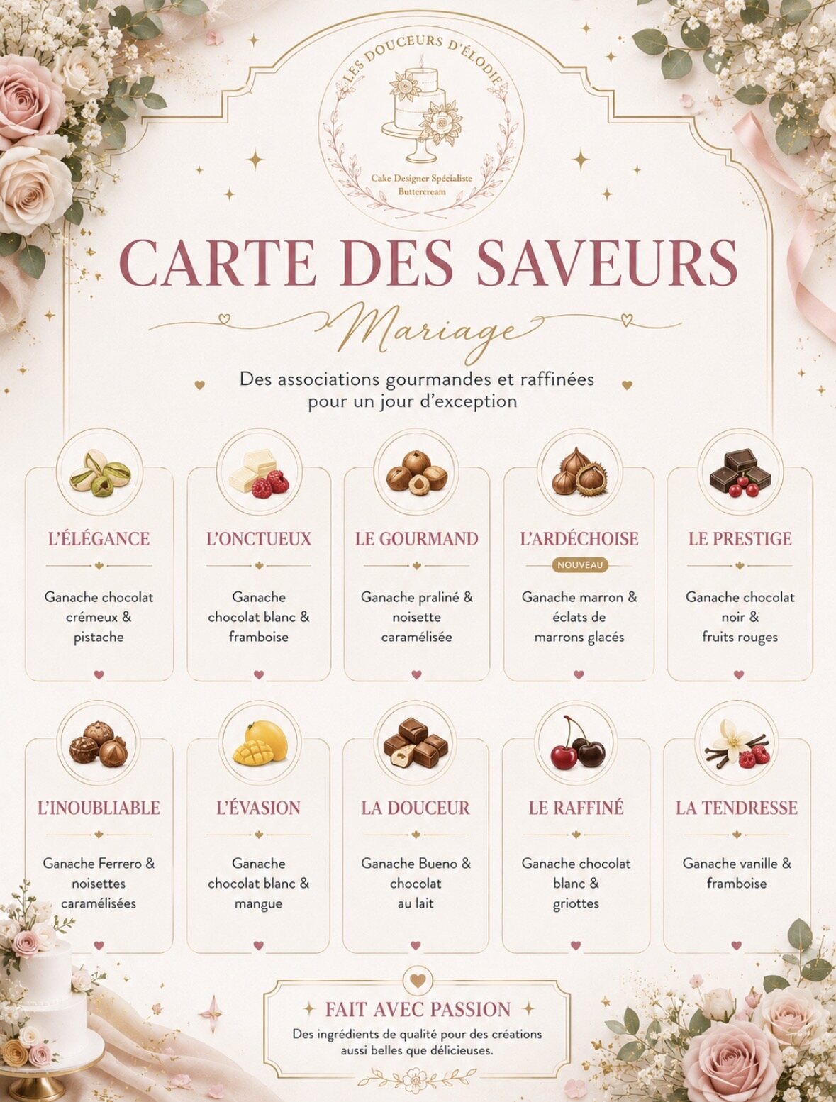 Carte des saveurs mariage des Douceurs d’Élodie présentant dix associations de ganaches gourmandes