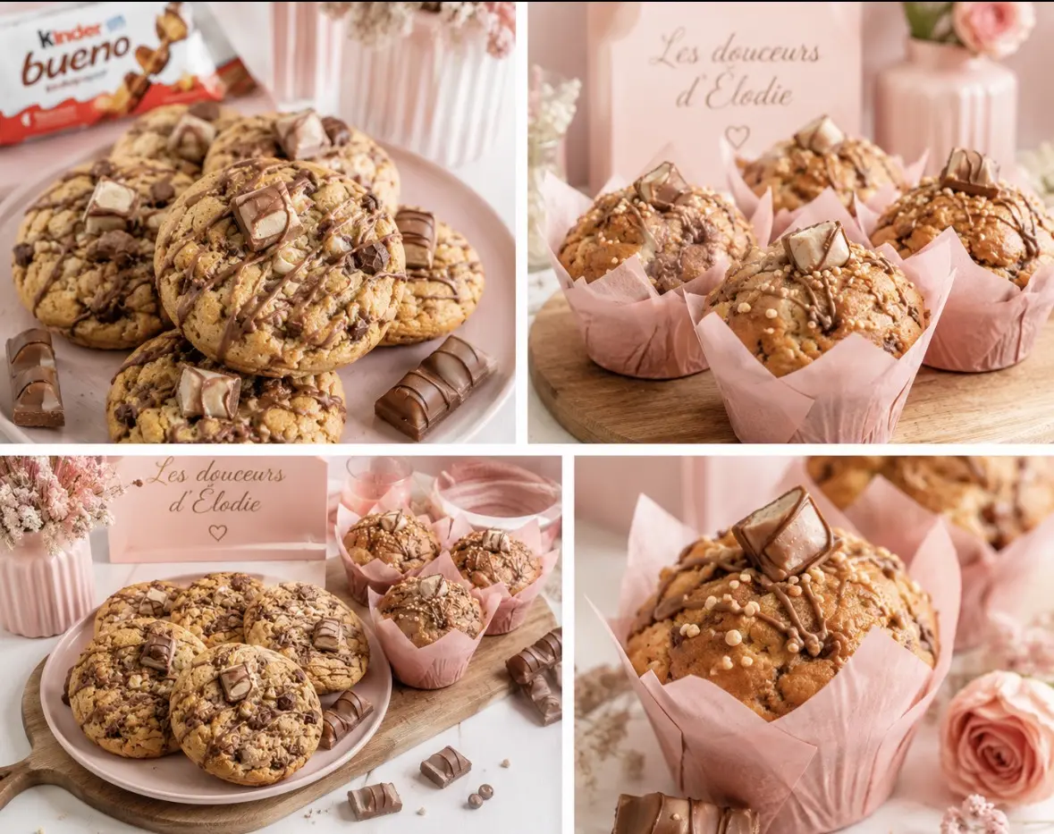 Montage de cookies et muffins au chocolat et au Kinder Bueno dans un décor rose