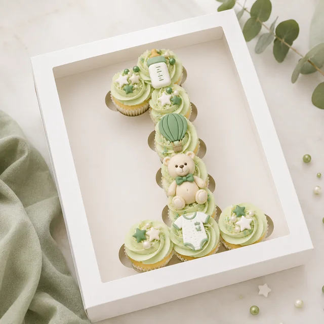 Composition de cupcakes verts en forme de chiffre 1, décorés d’un ourson, d’une montgolfière et d’étoiles pour une naissance