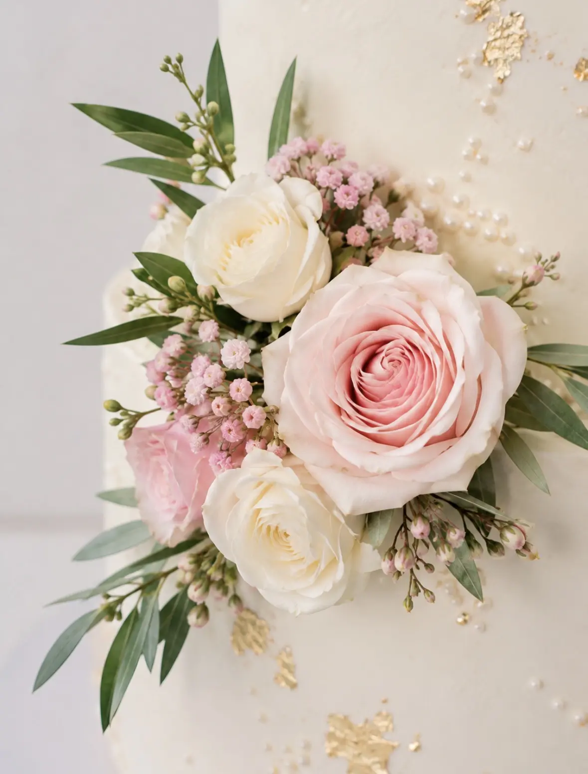 Détail floral d’un wedding cake décoré de roses roses et blanches, de feuillage et de perles dorées