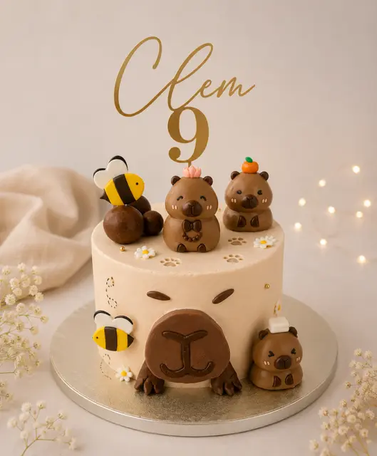 Gâteau d’anniversaire beige pour les 9 ans de Clem, décoré de capybaras en chocolat, d’abeilles et de fleurs