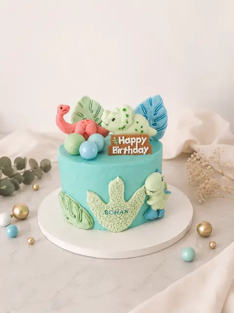 Gâteau d’anniversaire turquoise pour Sohan, décoré de dinosaures, de feuillages tropicaux et d’œufs pastel