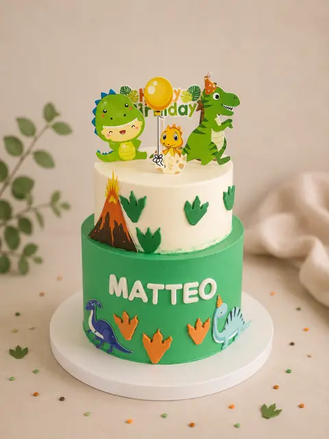 Gâteau d’anniversaire à deux étages vert et ivoire pour Matteo, décoré de dinosaures, d’un volcan et d’empreintes colorées