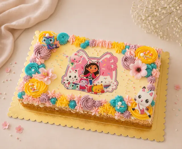 Gâteau rectangulaire pour un troisième anniversaire sur le thème de Gabby et la maison magique, décoré de fleurs en crème pastel