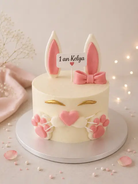 Gâteau du premier anniversaire de Kelya sur le thème du lapin, décoré d’oreilles roses, d’un nœud et de petites pattes