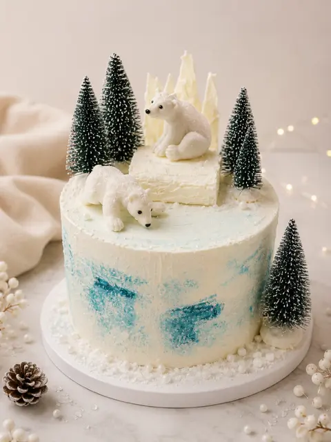 Gâteau d’anniversaire blanc et bleu sur le thème polaire, décoré d’ours blancs, de sapins enneigés et de montagnes de glace
