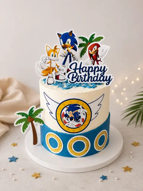 Gâteau d’anniversaire bleu et blanc sur le thème de Sonic, décoré de personnages, de palmiers et d’anneaux dorés