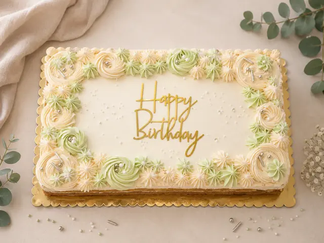 Gâteau rectangulaire d’anniversaire ivoire décoré de fleurs en crème vert sauge et d’un topper Happy Birthday doré