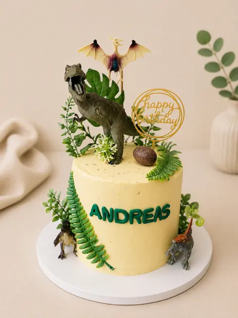 Gâteau d’anniversaire ivoire d’Andreas sur le thème des dinosaures, décoré d’un tyrannosaure, d’un ptérodactyle et de feuillages tropicaux
