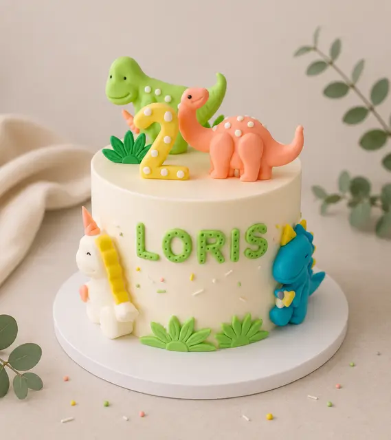 Gâteau pour les deux ans de Loris, décoré de dinosaures pastel, d’une licorne, de feuillages et d’un chiffre deux jaune