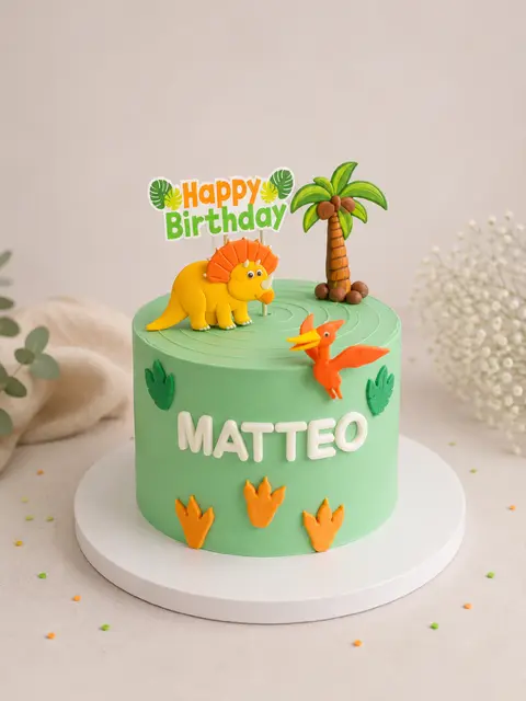 Gâteau d’anniversaire vert pour Matteo, décoré de dinosaures colorés, d’un palmier et d’empreintes préhistoriques