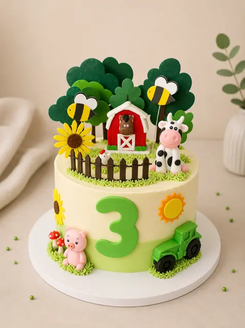 Gâteau d’anniversaire pour trois ans sur le thème de la ferme, décoré d’une vache, d’un cochon, d’un tracteur, d’une grange et de tournesols