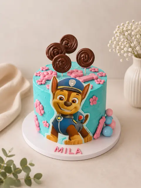 Gâteau d’anniversaire turquoise et rose de Mila sur le thème de la Pat’ Patrouille, décoré du personnage Chase et de sucettes en chocolat