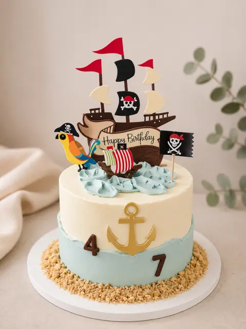 Gâteau d’anniversaire ivoire et bleu sur le thème des pirates, décoré d’un navire, d’un perroquet, de drapeaux et d’une ancre dorée