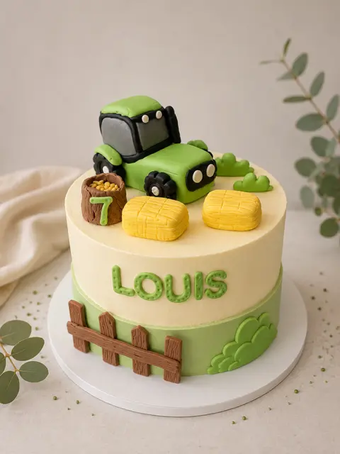 Gâteau d’anniversaire vert et ivoire pour Louis, décoré d’un tracteur, de bottes de foin, d’une clôture et de feuillages
