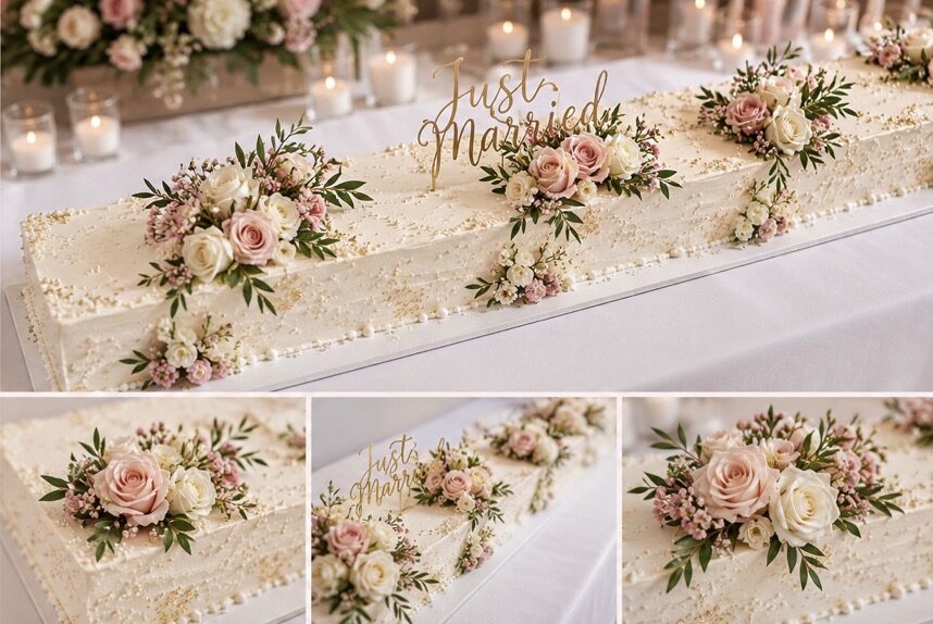 Gâteau de mariage rectangulaire décoré de bouquets de roses roses et blanches, de feuillage et d’un topper Just Married