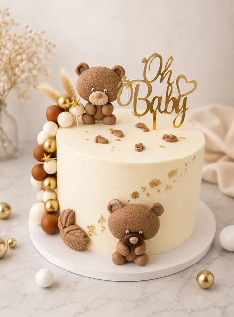 Gâteau pour bébé couleur crème, décoré de deux oursons bruns, de boules chocolatées et d’un topper Oh Baby doré