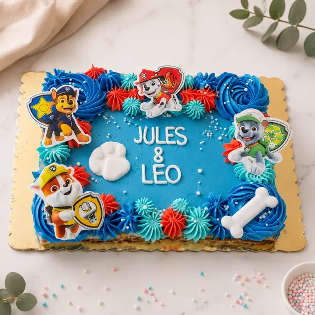 Gâteau rectangulaire bleu pour Jules et Léo sur le thème de la Pat’ Patrouille, décoré des personnages et d’une empreinte blanche