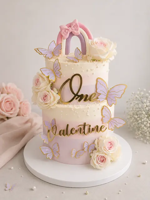 Gâteau rose et ivoire pour le premier anniversaire de Valentine, décoré de papillons, de roses et d’un arc-en-ciel pastel