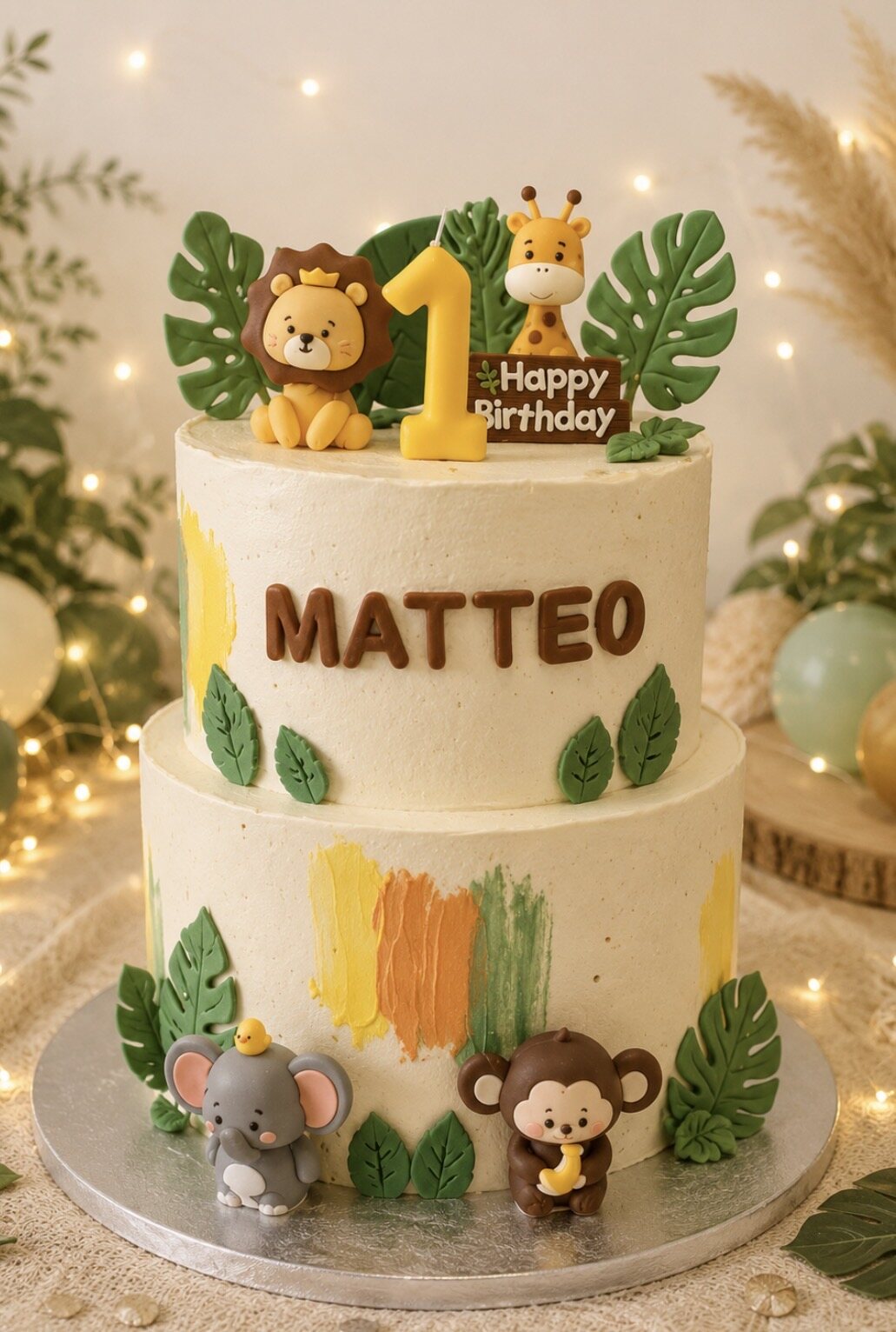 Gâteau à deux étages pour le premier anniversaire de Matteo, décoré d’animaux de la jungle et de feuilles tropicales