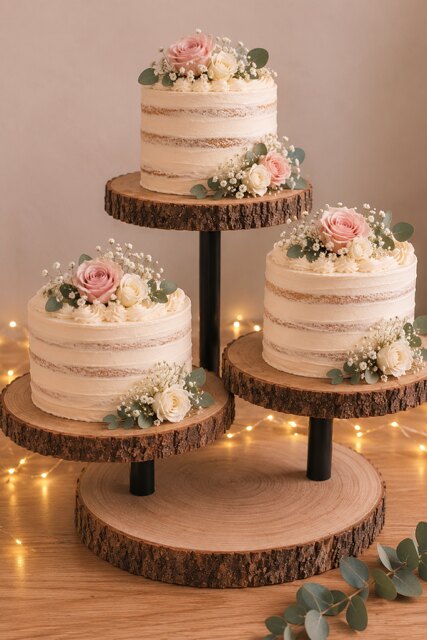 Trois gâteaux de mariage champêtres décorés de roses poudrées, de gypsophile et d’eucalyptus sur des présentoirs en bois