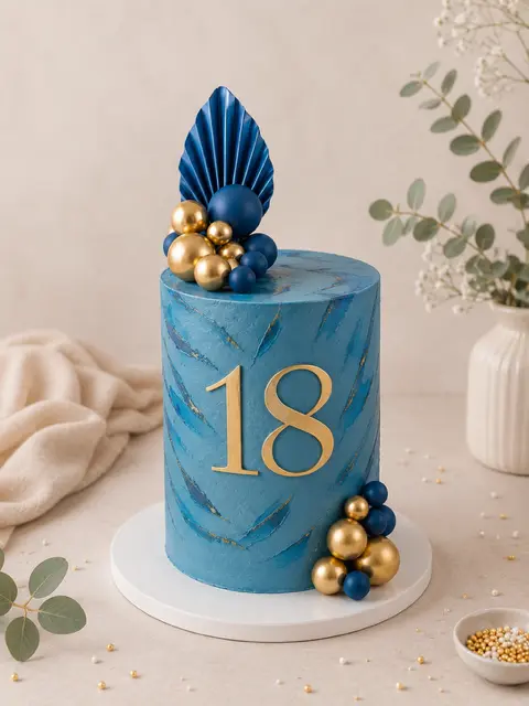 Layer cake bleu texturé pour un dix-huitième anniversaire décoré du nombre 18 doré et de sphères bleues et dorées