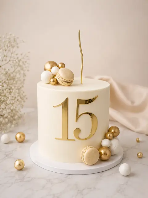Layer cake ivoire pour un quinzième anniversaire décoré du nombre 15 doré, de macarons et de perles dorées et blanches