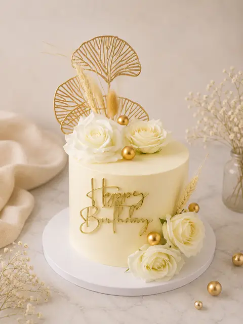 Layer cake ivoire décoré de roses blanches, de feuillages dorés et de perles dorées pour un anniversaire