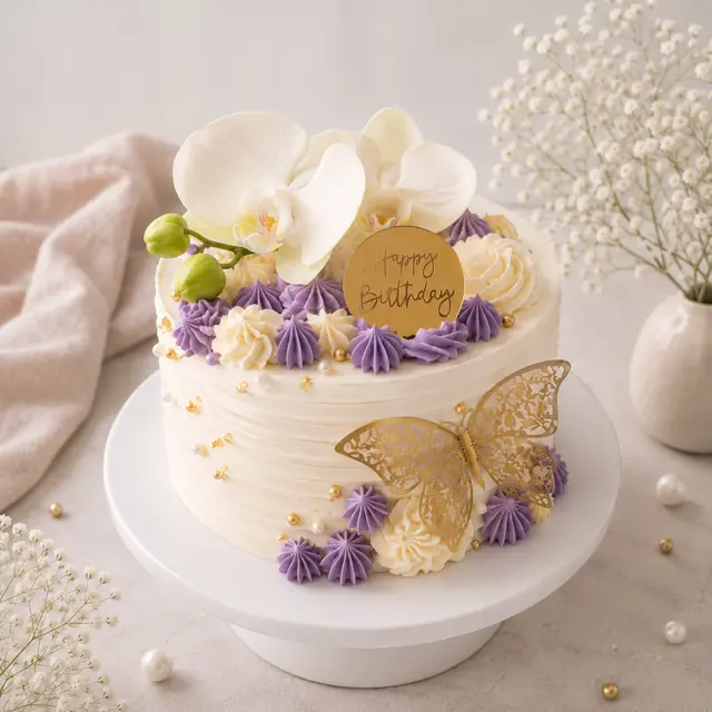 Layer cake d’anniversaire ivoire décoré de crème violette, d’orchidées blanches, de perles dorées et d’un papillon doré