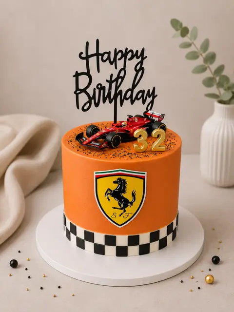 Layer cake orange pour un trente-deuxième anniversaire décoré sur le thème Ferrari avec une voiture de course rouge