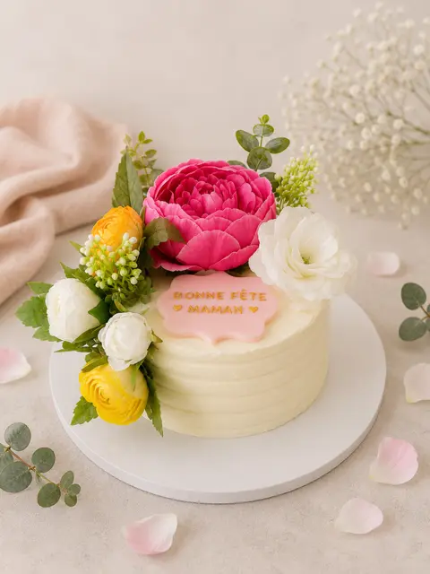 Layer cake ivoire pour la fête des Mères décoré de pivoines roses, de fleurs jaunes et blanches et de feuillage frais