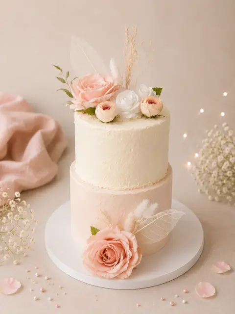 Layer cake à deux étages ivoire et rose poudré décoré de roses, de fleurs blanches, de gypsophile et de feuillages délicats