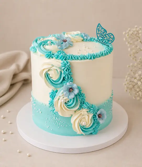 Layer cake ivoire et turquoise décoré de fleurs en crème, de perles blanches et d’un papillon ajouré