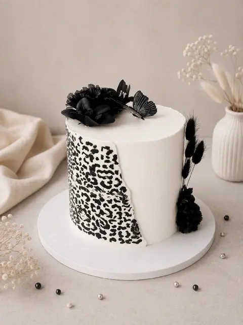 Layer cake ivoire décoré d’un motif léopard noir, de fleurs noires et d’un papillon délicat