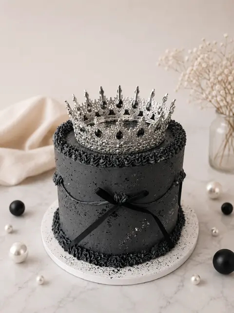 Layer cake noir texturé décoré d’un ruban de satin noir et surmonté d’une couronne argentée ornée de pierres noires