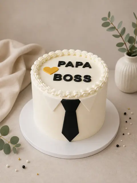 Layer cake ivoire Papa Boss décoré d’une chemise blanche, d’une cravate noire et d’un cœur doré