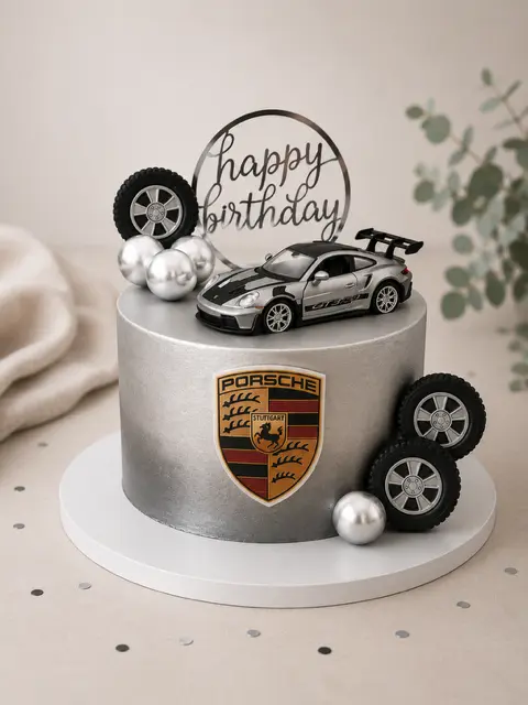 Layer cake argenté sur le thème Porsche décoré d’une voiture miniature, de roues et de boules chromées pour un anniversaire