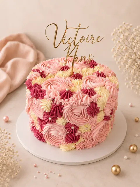 Layer cake rose, framboise et ivoire décoré de fleurs en crème et d’un topper doré Victoire 11 ans