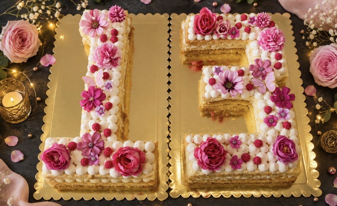 Number cake en forme de nombre 18, décoré de fleurs roses, de framboises et de papillons