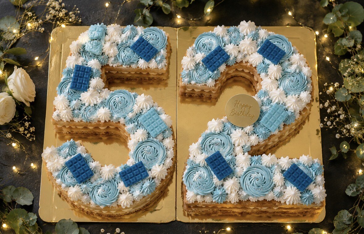 Number cake en forme de nombre 52, décoré de crème bleue et blanche et de carrés de chocolat bleu