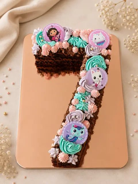 Number cake au chocolat en forme de chiffre 7, décoré de crèmes rose, turquoise et lilas et de personnages de Gabby et la maison magique