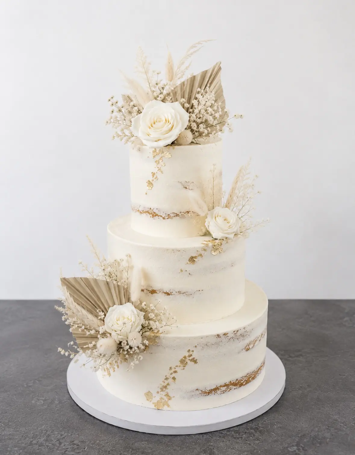 Wedding cake ivoire à trois étages décoré de roses blanches, de fleurs séchées et de touches dorées