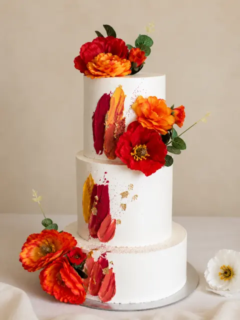 Wedding cake blanc à trois étages décoré de fleurs rouges et orange et de touches de peinture colorée