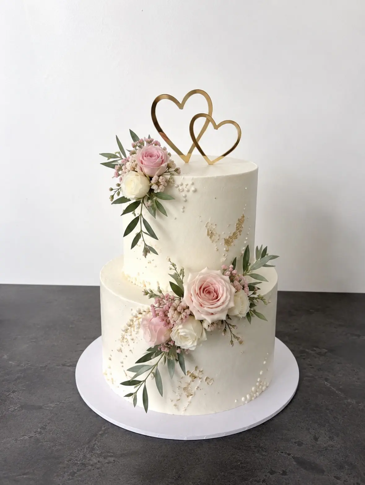 Wedding cake ivoire à deux étages décoré de roses poudrées, de feuillage et de deux cœurs dorés